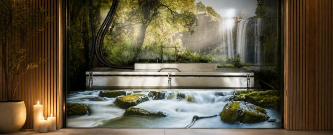 Water cremation equipment with a nature scene displayed in the background.